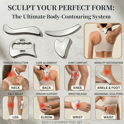 Stainless Steel Muscle Scraper Tool Set for Deep Tissue Massage and Physical Therapy, Professional Gua Sha Scraping Board for Soft Tissue Mobilization, Includes Diverse Shapes for Recovery