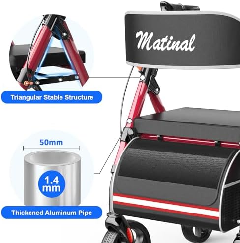 Walkers for Seniors with seat, Rollator Walker with Seat, Walkers for Seniors Foldable, 350 lb Capacity, with 8'' Big Wheels, Rolling Walker (Burgundy)