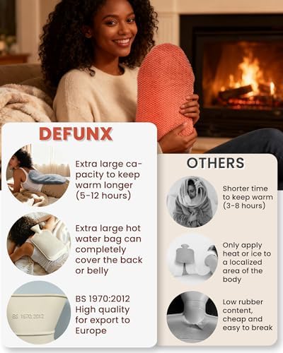 DEFUNX Hot Water Bottle with Cover Extra Large Rubber Hot Water Bag for Pain Relief, Cramps, Bed Warmer, Hot and Cold Therapy, Orange Faux Fur Cover, 2.8 Liter