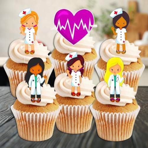 Girl Female Nurses Doctors Hospital Edible Cupcake Toppers - Stand Up Wafer Cake Decorations, Medical Graduation Decorations, Doctors Retirement Cookie Decor, 2 inch / 5cm (Pack of 24)