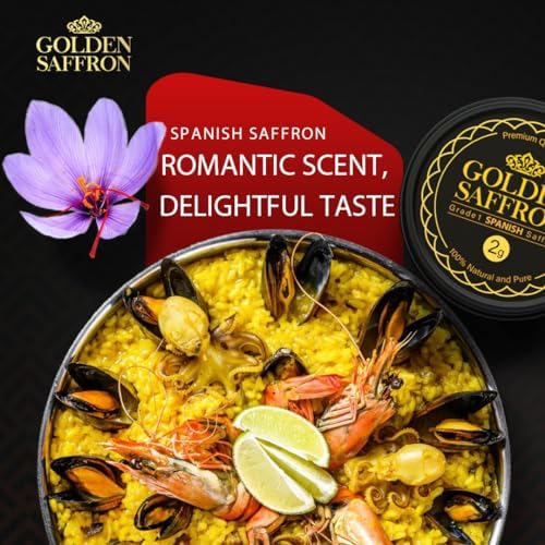 Golden Saffron, Premium Spanish Saffron Threads, Pure Red Spanish Saffron Spice Threads, For Culinary Use Such as Tea, Paella Rice, Risotto, Tachin, Basmati Rice (2 Grams)