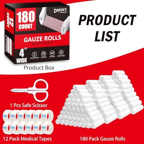 DMSKY 180 Pack Gauze Rolls, 4 in x 4.1 Yards, Individually Wrapped Breathable Rolled Gauze, Premium Bandage Wrap Rolled Gauzes, Mummy Wraps