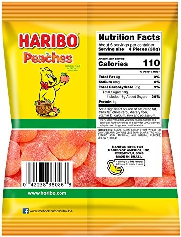 HARIBO Gummi Candy, Peaches Gummy Candy, 5 Ounce Share Size Bags (Pack of 12) Delicious Soft & Chewy Sweet Snacks, Fruity Peach Flavor