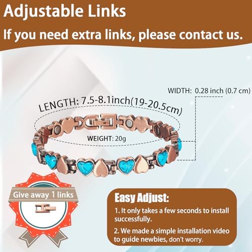 Copper Magnetic Bracelet for Women, Turquoise Detox Jewelry with 3500 Gauss Magnet (Type A)