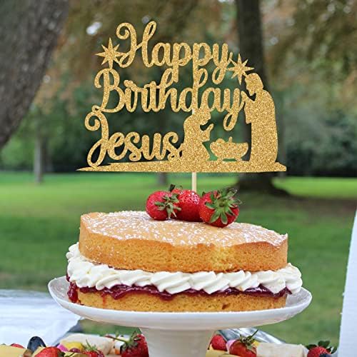 Happy Birthday Jesus Cake Topper, Jesus is Reason Cake Decor, Jesus Birthday Christmas Party Decorations Supplies Gold Glitter