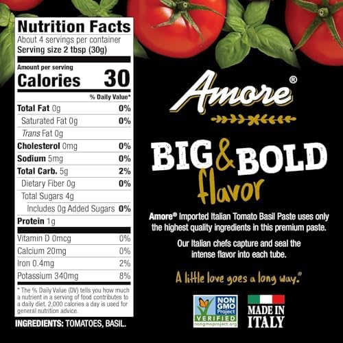 Amore Vegan Basil Tomato Paste In A Tube (4.5oz) - Non GMO Certified and Made In Italy (2 pack)