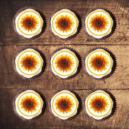 48 Sunflower Edible Cupcake Toppers, Wafer Card Cupcake Decorations, Mini Sunflower Edible Cake Decorations, Sunflower Cake Toppers - 48 x 1.18 Inch 3cm Uncut