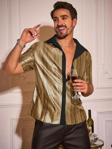 Runcati Mens Disco Shirt 70s Shirts Short Sleeve Button Down Vintage Sequin Metallic Disco Outfits Party Costume Top
