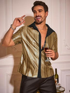 Runcati Mens Disco Shirt 70s Shirts Short Sleeve Button Down Vintage Sequin Metallic Disco Outfits Party Costume Top