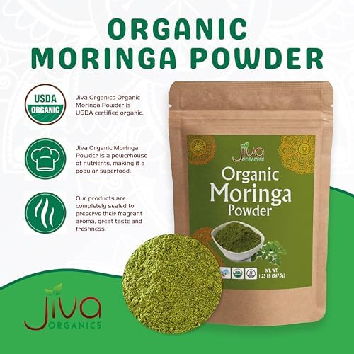 Jiva Organics Moringa Powder 1.25LB Bulk Bag - Moringa Oleifera Leaf Powder - Great for Hair, Rich in Immune Vitamin, Great Superfoods for Moringa Tea, Moringa Drink, India Grown, Vegan