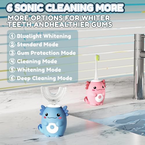 Kids Electric U Shaped Toothbrush - Axolotl Kids Cartoon Sonic Automatic Toothbrush with 6 Brush Heads Full Mouth 6 Cleaning Modes - Age2-15 Blue