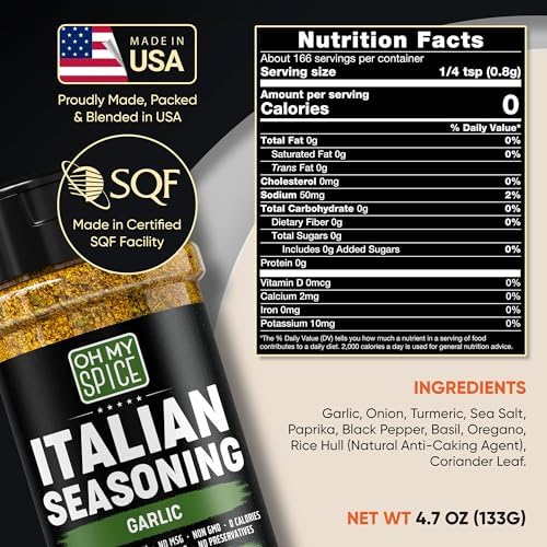 Italian Seasoning Blend Garlic Powder Mix - Gluten Free & Low Sodium Pizza Seasonings for Bruschetta & Spaghetti. Garlic and Herb Seasoning for Italian Food. Mediterranean Spices Pizza Toppings. 4.7oz