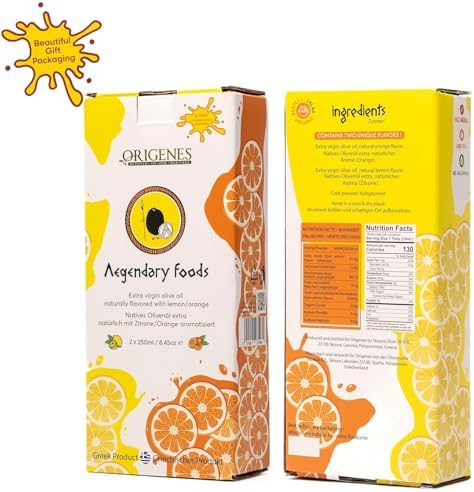 Pack of 2 Extra Virgin Flavored Olive Oil, 1 Bottle Lemon Infused, 1 Bottle Orange Infused EVOO, Cold Pressed, Polyphenol Rich EVOO, Intense Flavor Olive Oil Extra Virgin, from Laconia 2X250ml