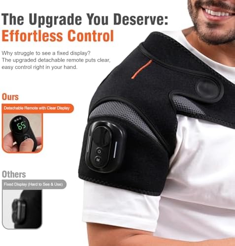 Cordless Shoulder Heating Pad with Detachable Remote, 5 Heat and 5 Vibration Heated Shoulder Wrap, Shoulder Brace Massager for Pain Relief, Warm Gifts for Women Men