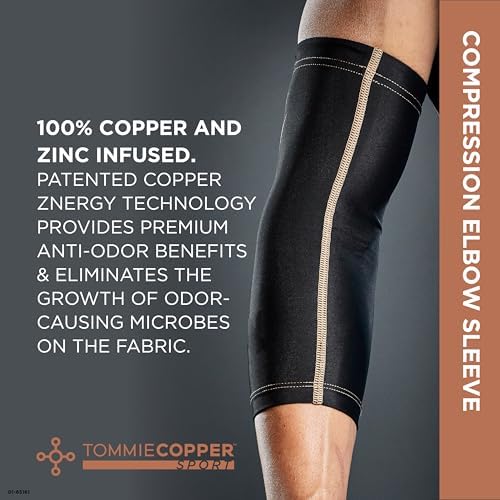Tommie Copper Elbow Compression Sleeve (S/M, Black), 15-20 mmHg, 4D Stretch & Non-Slip Fit for Targeted Support, Patented Copper Znergy Fabric, Anti-Odor Benefits, Breathable Design