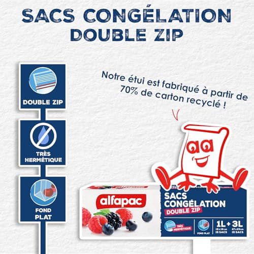 alfapac - Unisex Double Zip Freezer Bags - Airtight & Reusable - Made in France - Certified Origin France Guarantee - Protectors & Preservatives - 15 x 1L & 15 x 3L