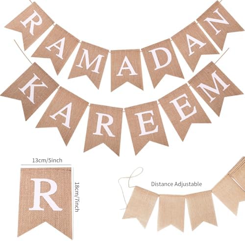 Pre-Strung Ramadan Kareem Burlap Banner Islamic Themed Ramadan Mubarak Banner Muslim Eid Mubarak Festival Hanging Decor for Indoor Outdoor Fireplace Wall Window Party Festival Celebration Decorations No DIY