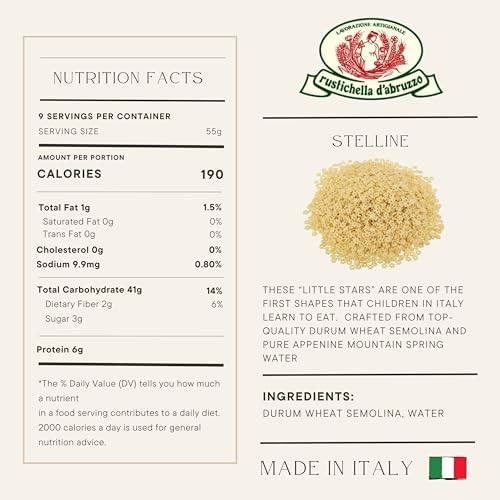 Rustichella d'Abruzzo Stelline Pastina - 500g Small Star-Shaped, Perfect for Broths, Soups, & Comfort Dishes - Made with Durum Wheat Semoor Kids & Adults - Authentic Italian, 1 Pack
