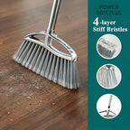 Metal Dustpan and Heavy Duty Broom Set, Stand Up Dustpan with Outdoor Stiff Bristles Broom for Hardwood Patio Room Office Floor Sweeping