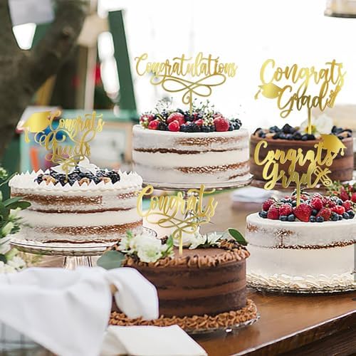 PALASASA Congrats Grad Cake Topper-Class of 2025 Graduate Party-2025 High School/College/Senior Graduation Party 6 kinds Design Graduation Acrylic Cake Decorations (6 Pcs, Gold)