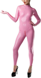 Pink Latex Rubber Women Catsuit with Wrist and Ankle Zips Plus Size Customized Tight Bodysuit