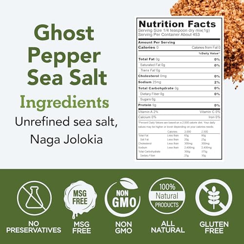 s.a.l.t. sisters Ghost Pepper Sea Salt | All-Natural, Gluten Free, MSG Free, Non-GMO | Easily Dissolvable Naga Jolokia Infused Coarse Sea Salt | Versatile Salt for Meat, Fish, Vegetables| 1lb