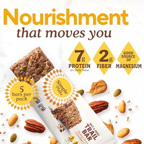 Simple Mills Nut and Seed Trail Bars, 6 Pack, Peanut Butter Chocolate Chip Snack Bars with Pumpkin Seeds, Almonds, Pecans, Peanuts, and Buckwheat, Good Source of Magnesium, 30 Total Count, 1.59 oz