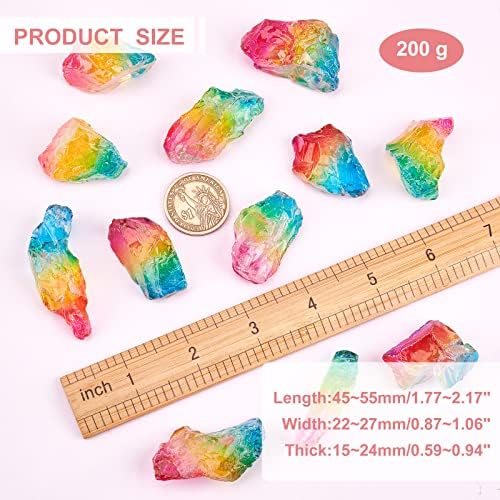 NBEADS 200g Rainbow Titanium Coated Rough Crystal Point Raw Rock Quartz Cluster Specimen Stones, No Hole Dyed Tourmaline Plating Natural Quartz Crystal Beads for Crafts Decor Vase Filler, About 8 Pcs
