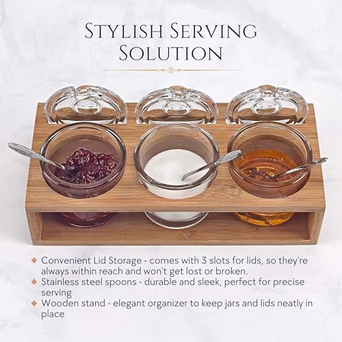 Badash Crystal Glass Jar Set - 10-Piece Glass Jars with Lids, Spoons, and Wood Stand for Jam, Honey, Spice, or Condiments - Ideal for Salad Dressing & Sauce