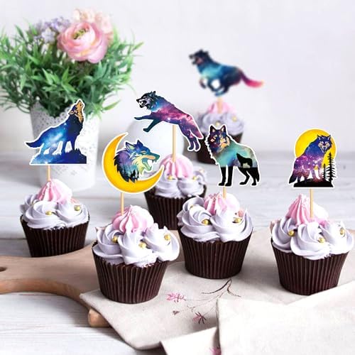 Ercadio 24 PCS Black Wolf Cupcake Toppers Silhouette Black Glitter Cupcake Topper Wolf Cupcake Decoration Picks Animal Theme for Baby Shower Kids Birthday Party Decoration Supplies