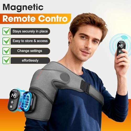 Cordless Shoulder Heating Pad with Massage, Shoulder Massager Heated Shoulder Wrap, Detachable Magnetic Controller Heated ShoulderBrace with 5 Heats and Vibration Modes (Grey)