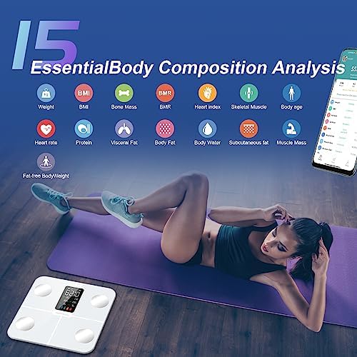 Healthkeep Body Fat Scale with Large VA Display, 15 Body Datas with Heart Rate, Smart Weight Scale Compatible with iOS & Android, Max 400lbs/180kg, 28cm, White