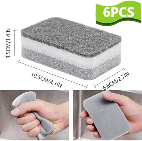 Kitchen Cleaning Sponges, 6 Pack Heavy Duty Scrub Sponges Cleans Fast Non-Scratch Sponge for Washing Dishes and Cleaning Kitchen (Grey)
