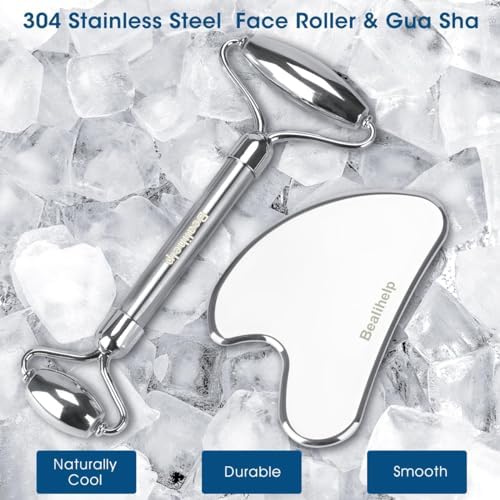 Bealihelp Face Roller and Gua Sha, Stainless Steel Facial Roller and Guasha Tool for Face, Skin Care Roller for Wrinkles and Lifting, Improve Puffiness, Metal Face Massager for Eyes, Neck Tighten