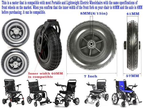 7 inch Wheelchair Wheels,7" Polyurethane Replacement Wheel Caster for Portable and Lightweight Electric Wheelchairs,5/16" (8 mm) Bearing,Shaft Height 57MM, Universal Replacement Parts(1Pr,Black)