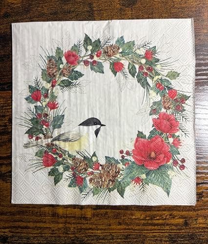 IHR Ideal Home Range Party Napkins Disposable 3-Ply Paper Lunch Napkin Pack, 6.5" x 6.5", Christmas Joy (Cream), 20-Count