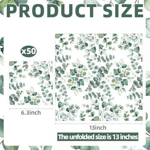 50 Count Eucalyptus Leaf Paper Napkins, Disposable Greenery Green Leaves Cocktail Napkins for Birthday, Baby Shower, Bridal, Wedding, Garden Tea Party, and Picnic Table Decorations