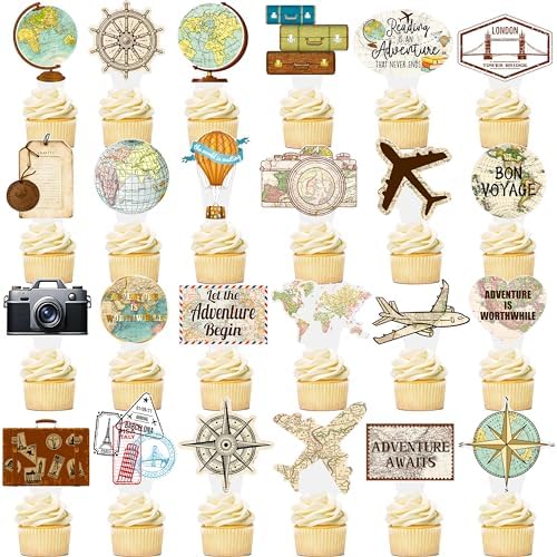 C L cooper life 48pcs Travel Adventurer Cupcake Topper Travel Adventurer Party Favors for Let The Adventure Begin Going Away Party Supplies