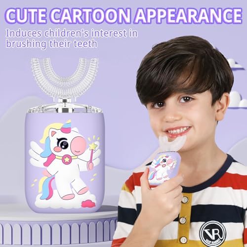 Kids Electric U Shaped Toothbrush, Kids Unicorn Sonic Automatic Toothbrush with 4 Soft Brush Heads with Toothpaste- (Age 2-7, Purple)