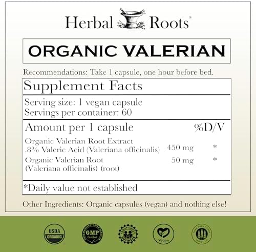 Herbal Roots Pure Organic Valerian Root Capsules - Non-Habit Forming with no Melatonin, Non-GMO - 60 Count Vegan Capsules, Herbal Supplement