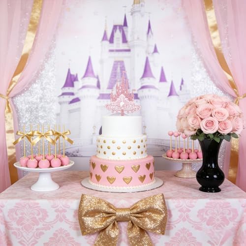 1 Pack Acrylic Glitter Princess Castle Cake Topper Pink Happy Birthday Cake Decoration for Girls' Princess Birthday Parties & Baby Showers