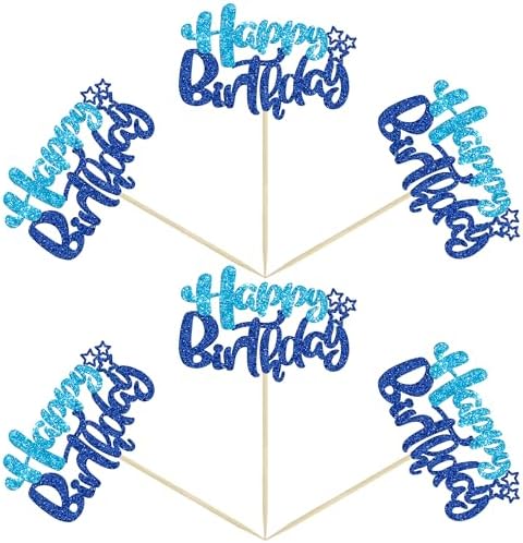 Ephlyn 24Pcs Happy Birthday Cupcake Toppers Double Layer Glitter Happy Birthday Cake Decorations for Baby Shower Theme Kids Boys Girls Birthday Anniversary Party Decorations Supplies Blue