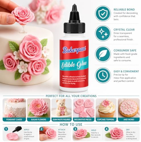 Bakerpan Edible Glue for Cake Decorating - 2 Ounce Edible Adhesive for Cookies, Fondant, Gum Paste, Sprinkles (Made in USA)