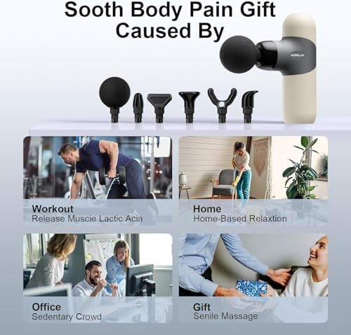 Morelax Mini Massage Gun Portable Deep Tissue Muscle Percussion Massager, Electric Handheld Sport Massager with 6 Massage Heads 4 Speed, Best Gift (Almond)