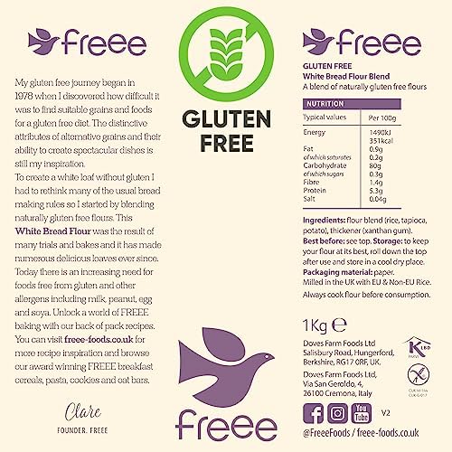 freee Gluten Free White Bread Flour 2.2 lb / 1 kg (Pack of 2) | Premium GF Flour Blend for Baking Breads, Sourdoughs, Rolls & Buns | Xanthan Gum | Vegan, Kosher, Halal Certified | Imported from UK