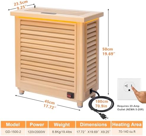 Far-Infrared Sauna Heater 110V 2KW Plug-in(20Amp) for 35-140 cu.ft Home Hotel Dry Sauna, High Heating Efficiency, Stone-Free, Hemlock Wood, Touch+WiFi, Max 165 °F Adjustable (2000W)