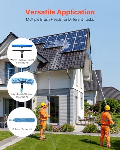 VEVOR Solar Panel Cleaning Kit, 26 ft, Water Fed Pole Kit with Cleaning Brush, Squeegee, Soap Dispenser, Extendable Aluminum Telescopic Pole, 180° Rotatable Brush Head, for Roof Mounted Solar Panels
