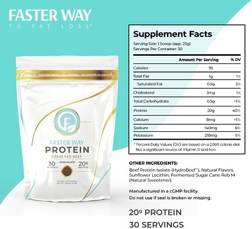 Faster Way - Protein Powder - Hydrolyzed Grass Fed Beef - 20g of Protein Per Serving - Muscle Growth & Recovery - 9 Essential Amino Acids - Sugar, Gluten & Dairy Free - Non-GMO -Chocolate -30 Servings