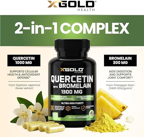 Micronized Quercetin + Bromelain 1,300mg Quercetin: 95% - Highly Purified and Highly Bioavailable Plus Bromelain 2,400 GDU/g - Made in USA | 120 Capsules