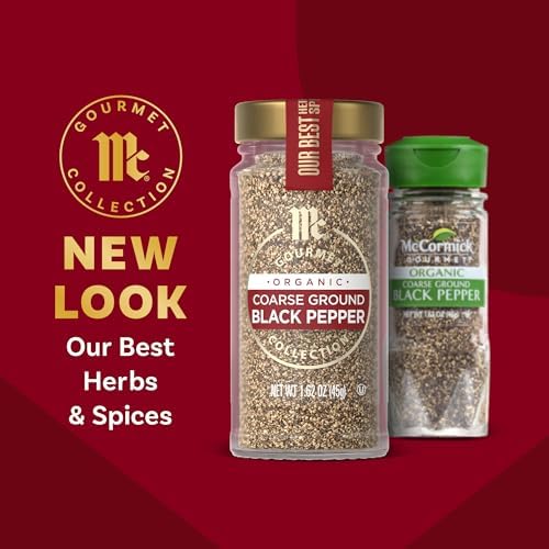 McCormick Gourmet Collection Black Pepper, Coarse Ground, Organic, Non GMO, Kosher, Our Best Herbs & Spices, Coarse Texture Perfect for Rubbing on Roasted or Grilled Meats, 1.62 oz